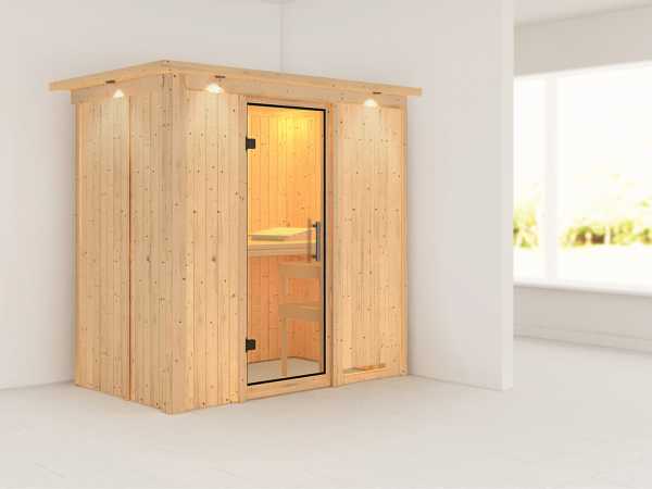 Sauna Systemsauna Variado mit Dachkranz, Klarglas Ganzglastür