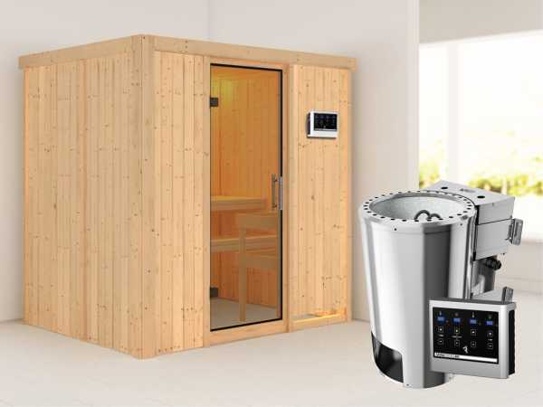 Sauna Systemsauna Fanja Klarglas Ganzglastür + Plug & Play Bio-Ofen mit externer Steuerung