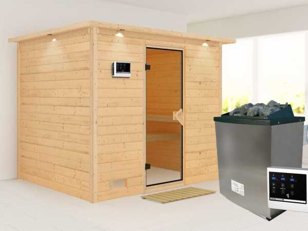 Massivholzsauna Sonara mit Dachkranz, bronzierte Ganzglastür