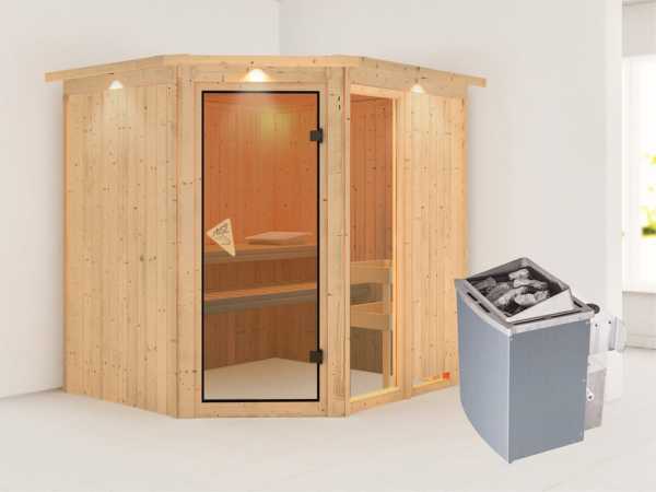 Sauna Systemsauna Fiona 2 mit Dachkranz, inkl. 9 kW Saunaofen integr. Steuerung