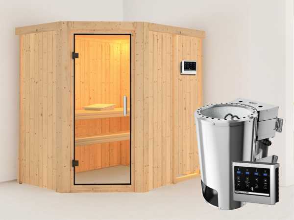 Sauna Systemsauna Saja Klarglas Ganzglastür + Plug &amp; Play Bio-Ofen mit externer Steuerung