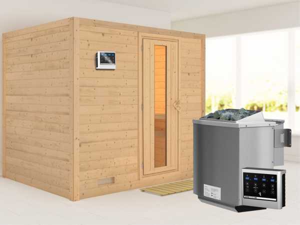 Massivholzsauna Sonara Holztür mit Isolierglas, inkl. 9 kW Bio-Kombiofen ext. Steuerung