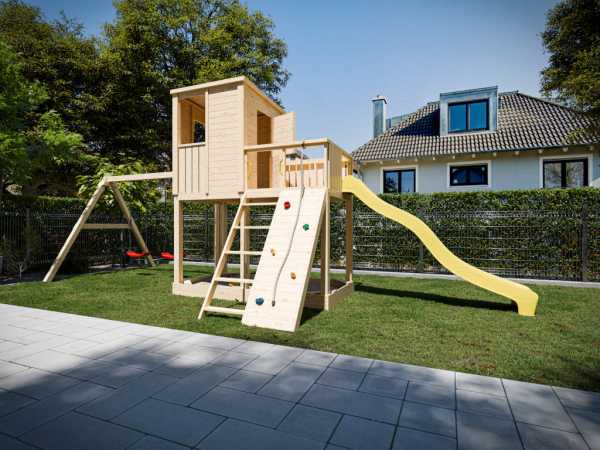 Stelzenhaus Carl, naturbelassen inkl. Doppelschaukel und Rutsche gelb