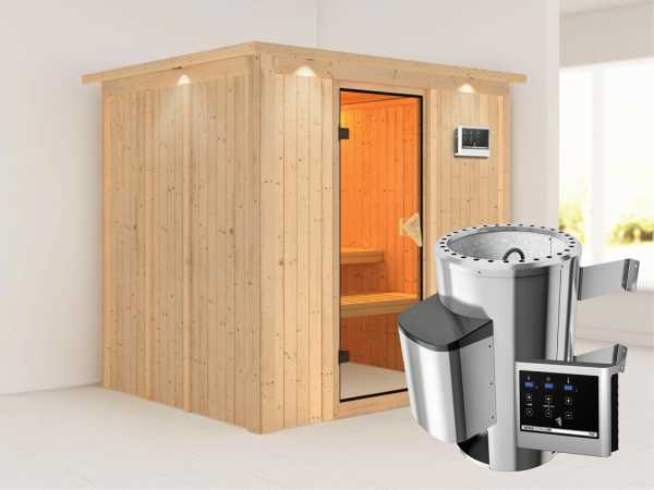 Sauna Systemsauna SPARSET Daria mit Dachkranz, inkl. Plug & Play Saunaofen ext.Strg & Zubehörpaket