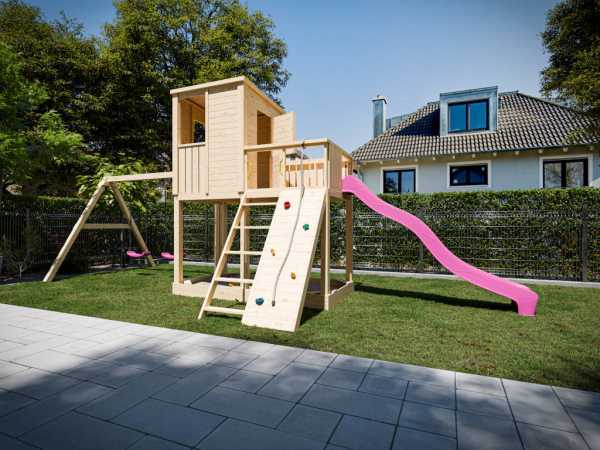 Stelzenhaus Carl, naturbelassen inkl. Doppelschaukel und Rutsche violett