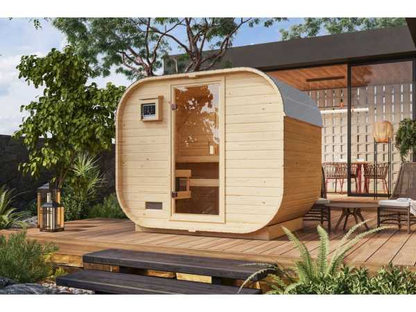 Fasssauna Quadro 1 Plus 38 mm naturbelassen mit bronzierter Ganzglastür