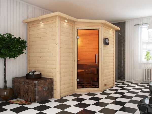 Sauna Massivholzsauna Sparset 1 Betty inkl. 9 kW Bio-Ofen + Premium Steuerung