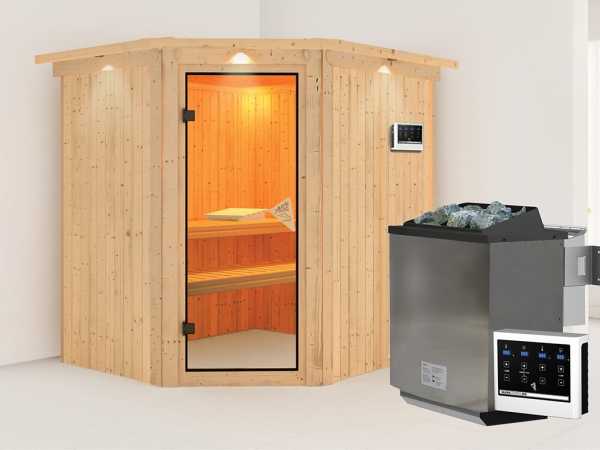 Sauna Systemsauna Siirin mit Dachkranz, inkl. 9 kW Bio-Ofen mit externer Steuerung