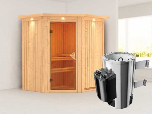 Sauna Systemsauna Tonja mit Dachkranz, inkl. Plug & Play Saunaofen Steuerung