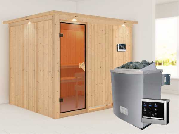 Systemsauna Gobin mit Dachkranz, bronzierte Ganzglastür, inkl. 9 kW Saunaofen ext. Steuerung