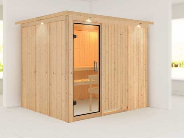 Sauna Systemsauna Gobin mit Dachkranz, Klarglas Ganzglastür