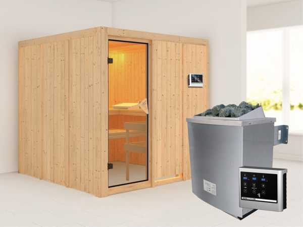 Systemsauna Rodin bronzierte Ganzglastür, inkl. 9 kW Saunaofen ext. Steuerung