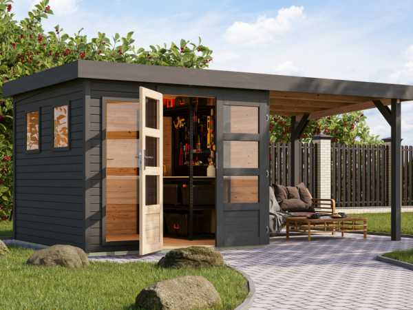 Gartenhaus Lahar 3,5 19 mm rundum terragrau mit Anbaudach 2,40 m Breite