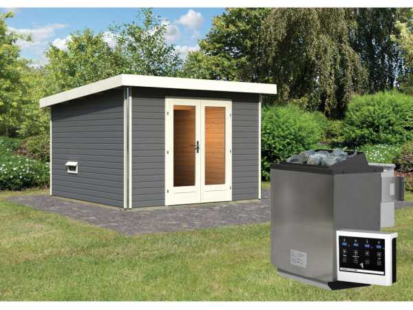 Saunahaus Mainburg 1 terragrau 38 mm inkl. Bio-Kombiofen 9 kW + ext. Steuerung