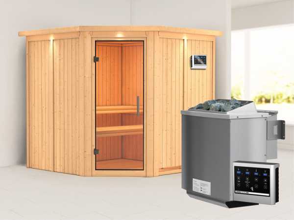 Sauna Systemsauna Jarin mit Dachkranz, Klarglas Ganzglastür + 9 kW Bio-Kombiofen mit ext. Strg