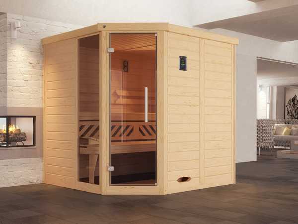 Sauna Massivholz-Elementsauna Kemi Eck 1 inkl. Fenster, Edelstahlset + Komfortpaket
