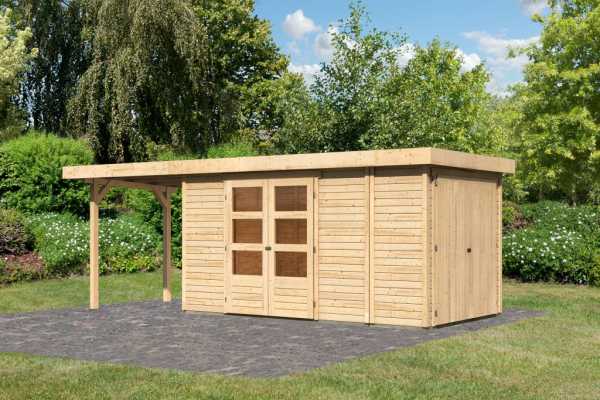 Gartenhaus SET Retola 5 19 mm naturbelassen, inkl. 2,4 m Anbaudach + Anbauschrank