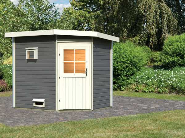 Saunahaus Mikka mit klassischer Tür Terragrau