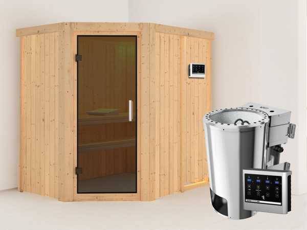 Sauna Systemsauna Saja graphit Ganzglastür + Plug &amp; Play Bio-Ofen mit externer Steuerung