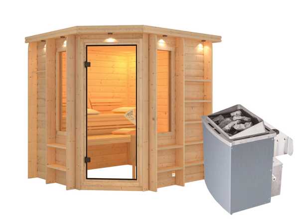 Sauna Massivholzsauna Cortona mit Dachkranz, inkl. 9 kW Saunaofen integr. Steuerung