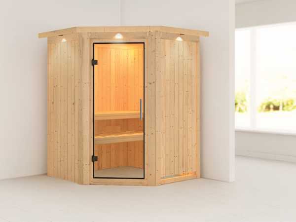 Sauna Systemsauna Nanja mit Dachkranz, Klarglas Ganzglastür