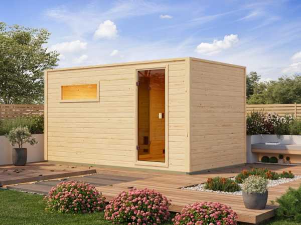 Gartensauna Lenchen 6 natur mit Vorraum und bronzierter Ganzglastür