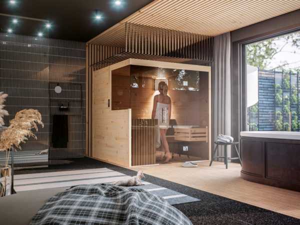 Massivholzsauna Nova mit 9kW Bio-Kombiofen und ext. Steuerung