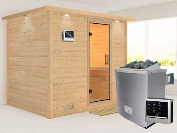 Sauna Massivholzsauna Sonara mit Dachkranz, Klarglas Ganzglastür + 9 kW Saunaofen mit ext. Strg