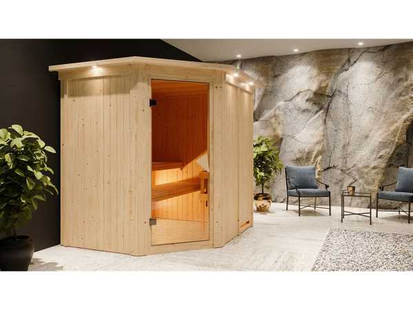Sauna Systemsauna Siirin mit Dachkranz, inkl. 9 kW Ofen mit externer Steuerung