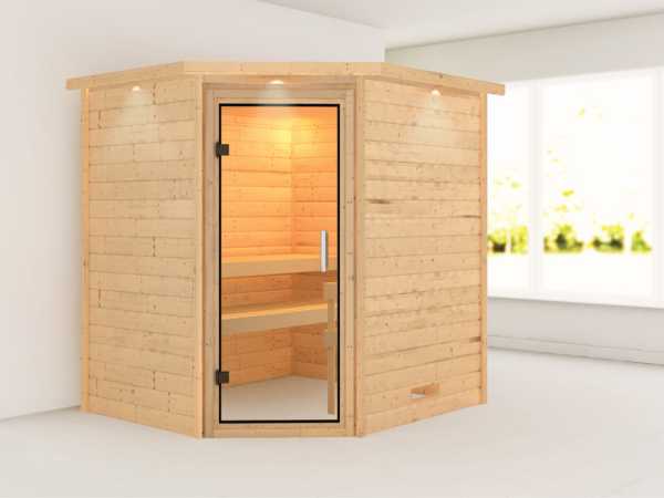 Sauna Massivholzsauna Mia mit Dachkranz, Klarglas Ganzglastür