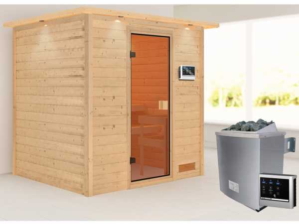 Sauna "Adelina" mit bronzierter Glastür und Dachkranz + 9 kW Saunaofen ext. Strg.