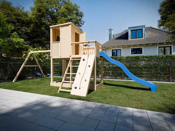 Stelzenhaus Carl naturbelassen mit Doppelschaukel inkl. Rutsche blau