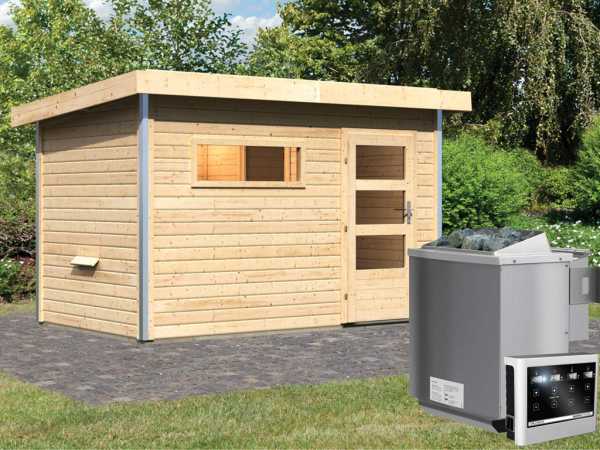 Saunahaus Skrollan 1 mit Klarglastür & Vorraum, inkl. 9 kW Bio-Kombiofen mit externer Steuerung