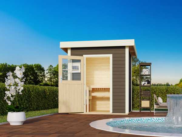 Saunahaus Jana Grau mit Holztür, inkl. 9 kW Ofen mit externer Steuerung