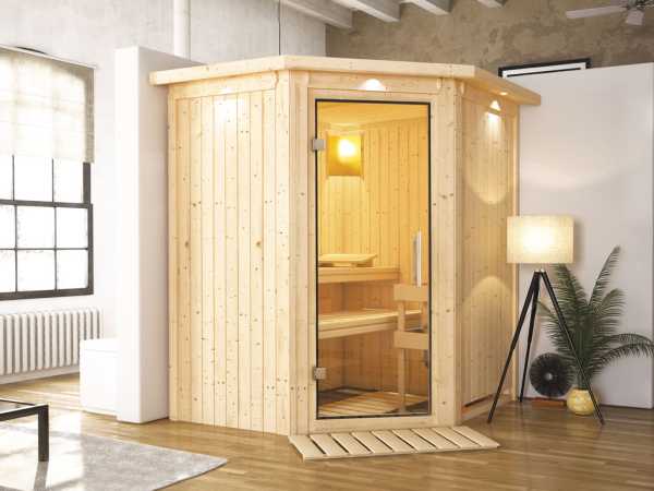 Sauna Systemsauna Taurin mit Dachkranz, Klarglas Ganzglastür