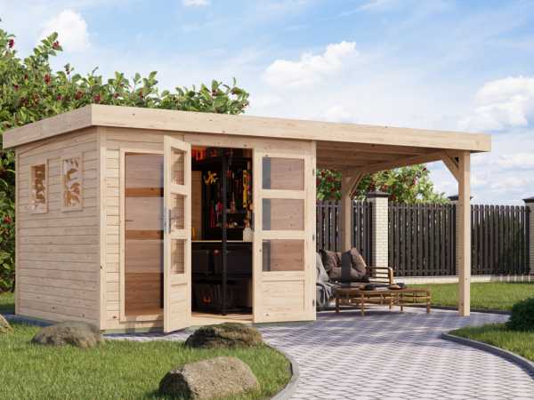 Gartenhaus Lahar 3,5 19 mm naturbelassen mit Anbaudach