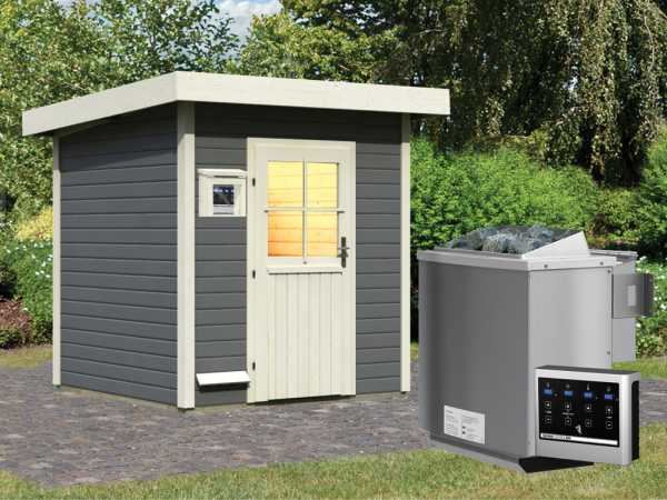 Saunahaus Taina Grau mit Holztür, inkl. 9 kW Bio-Kombiofen mit externer Steuerung