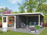 Gartenhaus Blockbohlenhaus Orlando Exklusiv 28 mm carbongrau mit 3 m Anbau