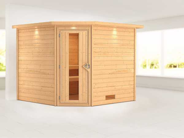 Sauna Massivholzsauna Leona mit Dachkranz, Holztür mit Isolierverglasung