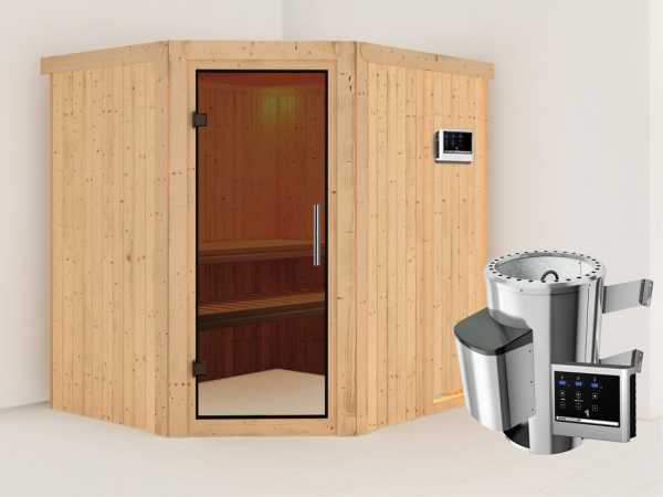 Sauna Systemsauna Lilja graphit Ganzglastür + Plug &amp; Play Saunaofen mit externer Steuerung
