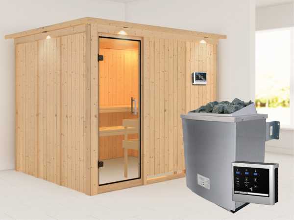Sauna Systemsauna Gobin mit Dachkranz, Klarglas Ganzglastür + 9 kW Saunaofen mit ext.Strg