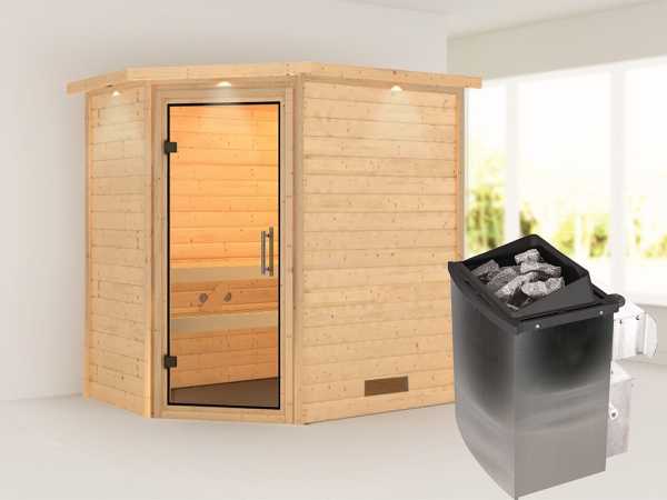 Sauna Massivholzsauna Svea mit Dachkranz, inkl. 9 kW Ofen mit integrierter Steuerung