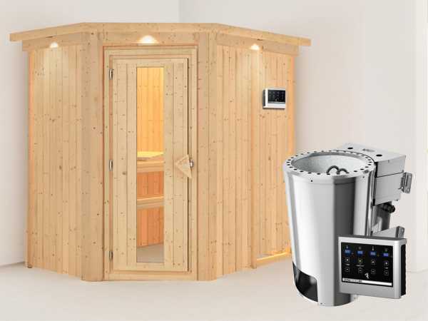 Sauna Systemsauna Saja mit Dachkranz, Energiespartür + Plug &amp; Play Bio-Ofen mit externer Steuerung