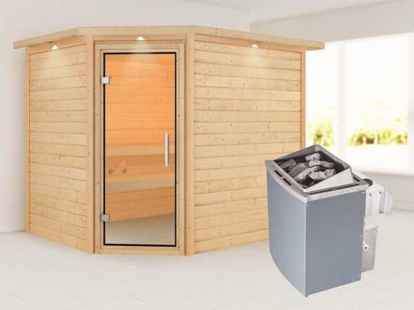 Sauna "Lisa" mit Klarglastür und Dachkranz + 9 kW Saunaofen integr. Strg.