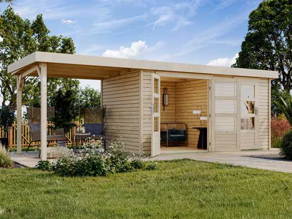Gartenhaus Zweiraumhaus Nordhorn 19 mm naturbelassen inkl. 2,4 m Anbaudach