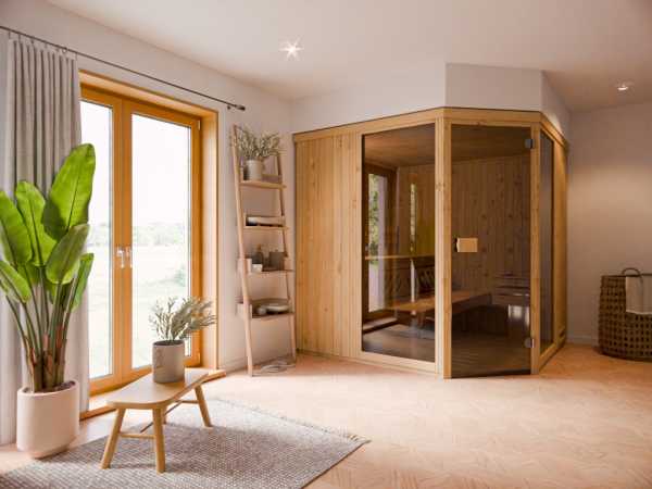 Sauna Systemsauna Letta 1 mit bronzierter Ganzglastür und zwei Fenstern