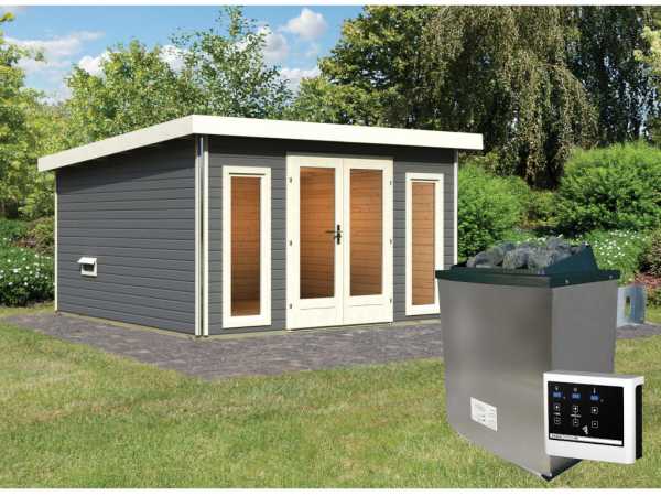 Saunahaus Mainburg 3 terragrau 38 mm inkl. klassischer Saunaofen 9 kW + ext. Steuerung