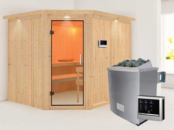 Sauna Systemsauna Malin mit Dachkranz, Klarglas Ganzglastür + 9 kW Saunaofen mit ext. Strg