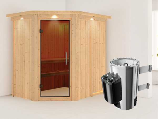 Sauna Systemsauna Saja mit Dachkranz, graphit Ganzglastür + Plug & Play Saunaofen mit Steuerung