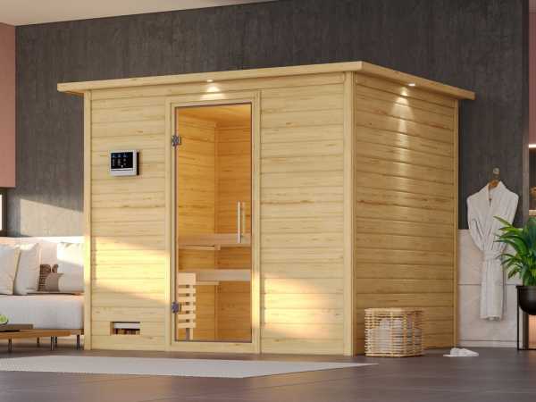 Massivholzsauna Sonara mit Dachkranz Klarglas Ganzglastür